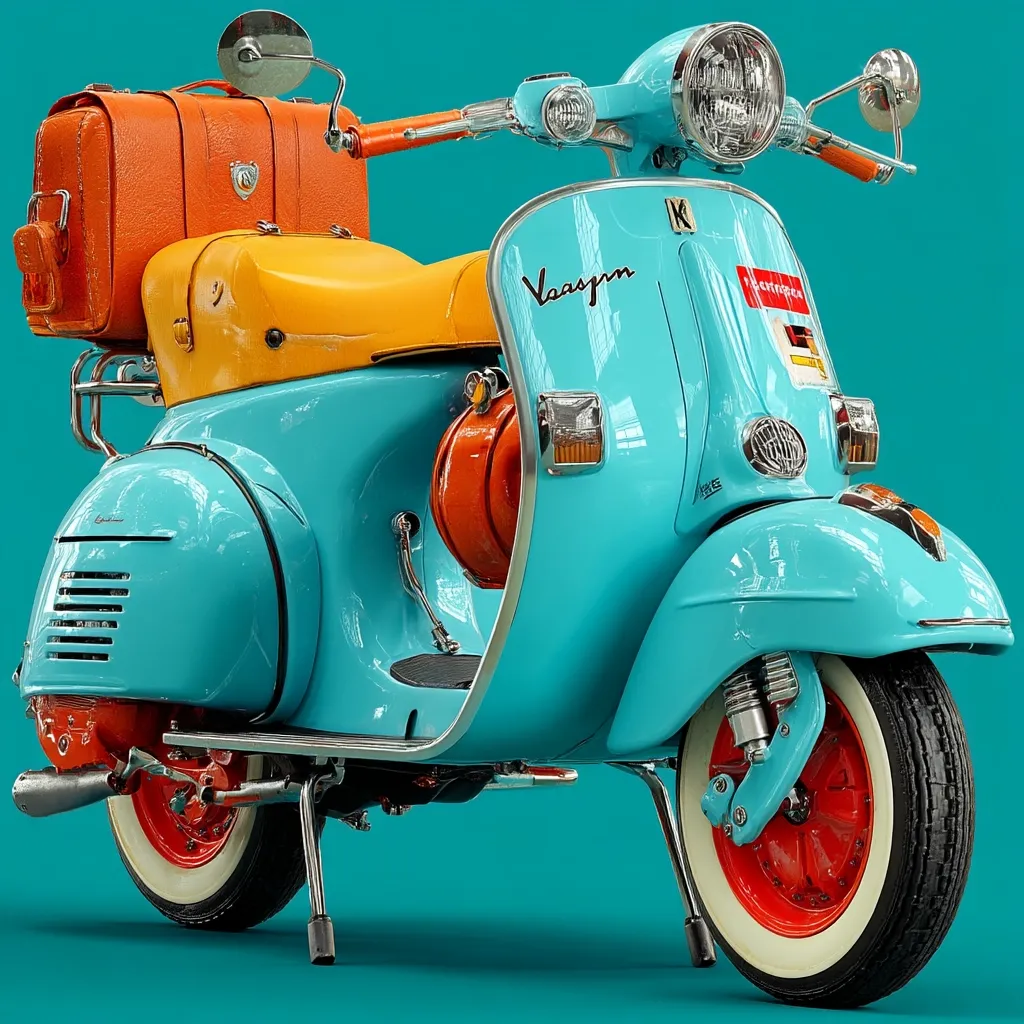 A vibrant turquoise Vespa scooter, adorned with orange and yellow accents, is captured against a teal backdrop.  It features a vintage design, complete with a luggage rack holding an orange suitcase.  The scooter's details are sharply defined, highlighting its classic Italian styling and reflecting a sense of retro charm and adventure.  The overall image evokes a feeling of carefree travel and nostalgia.