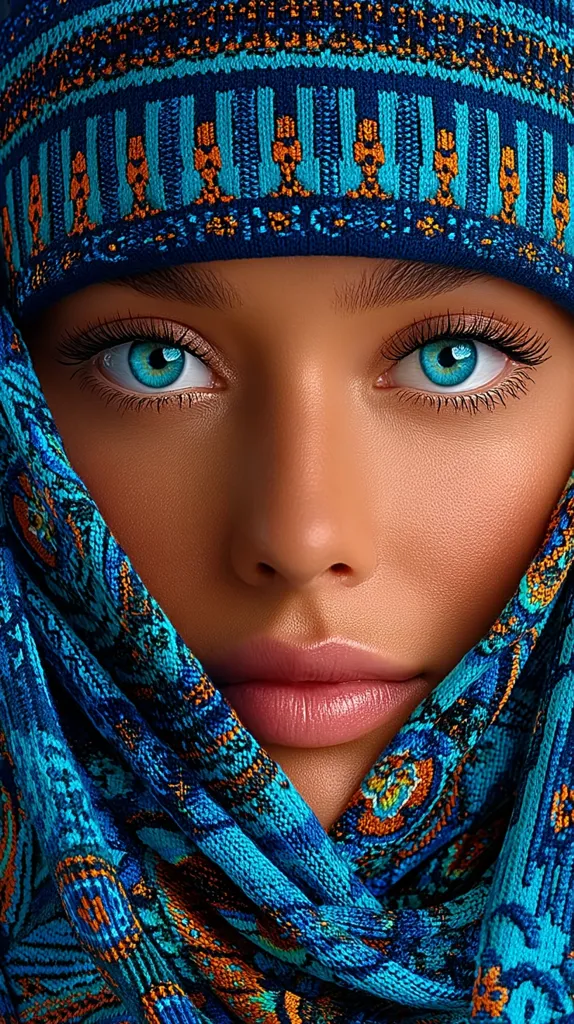 A close-up portrait of a woman with striking blue eyes.  She is wearing a vibrant blue headscarf adorned with intricate patterns in shades of teal, orange, and dark blue. The fabric drapes elegantly around her face, highlighting her smooth skin and full lips.  Her gaze is direct, creating an intense and captivating image.