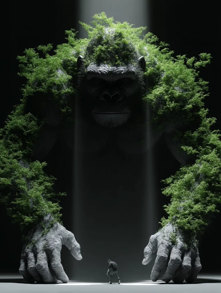 A colossal gorilla statue, overgrown with lush green foliage, dominates the scene.  Its immense hands rest gently on the ground, casting a large shadow. A tiny human figure stands between the gorilla's massive hands, emphasizing the creature's overwhelming size and the stark contrast in scale.  A beam of light illuminates the scene, highlighting the detail of the statue and the surrounding darkness.