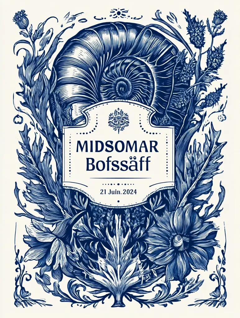 A Midsummer Botsaff invitation features an intricate design in shades of blue.  A nautilus shell is centrally placed, surrounded by stylized floral elements including poppies and thistle.  Elegant scrollwork frames the image, with "Midsommar Botsaff" and "21 Juin 2024" prominently displayed on a banner.  The overall style suggests a vintage or botanical print.