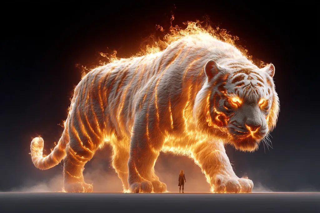 A colossal white tiger, engulfed in vibrant orange flames, dominates the dark background.  Its fiery fur crackles with intense energy, and its glowing eyes fixate on a tiny human figure standing in awe before it.  The immense scale of the beast emphasizes its power, creating a dramatic and awe-inspiring scene.  Dust swirls around its massive paws.