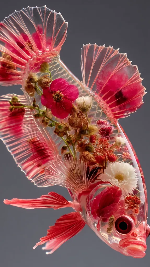 A meticulously crafted resin art piece depicts a betta fish.  Its translucent body showcases an array of embedded pressed flowers in varying shades of red, white, and brown. The fish's fins are delicately rendered, and its eye is realistically detailed.  The overall effect is a striking blend of nature and artistry, creating a captivating and unique piece.