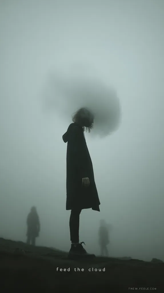 A solitary figure, cloaked in a dark coat, stands amidst a dense fog.  The fog swirls around their head, obscuring their face.  Two indistinct shapes loom in the background, adding to the mysterious and atmospheric scene. The overall mood is somber and evocative, with the title "Feed the Cloud" suggesting a deeper, metaphorical meaning.