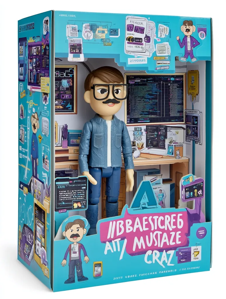 This is a collectible action figure of a mustachioed programmer, packaged in a vibrant box.  The figure is detailed, wearing glasses and a denim jacket, positioned at a stylized desk with computer screens displaying code.  The box features cartoon illustrations related to coding and the figure’s brand, “IIBBAESTCRE6 AIT/ MUSTAZE CRAZ,” suggesting a playful take on the tech world.  Additional smaller figures are showcased on the box.