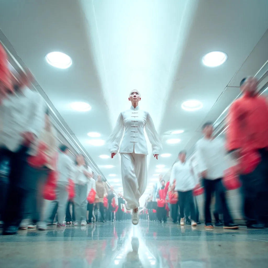A bald woman in a white traditional Chinese outfit walks serenely down a long corridor.  Surrounding her, a blurred mass of people in motion creates a striking contrast. The bright, clean architecture of the hallway emphasizes the woman's calm composure and the ethereal quality of the image.  She appears almost to levitate above the rushing crowd.