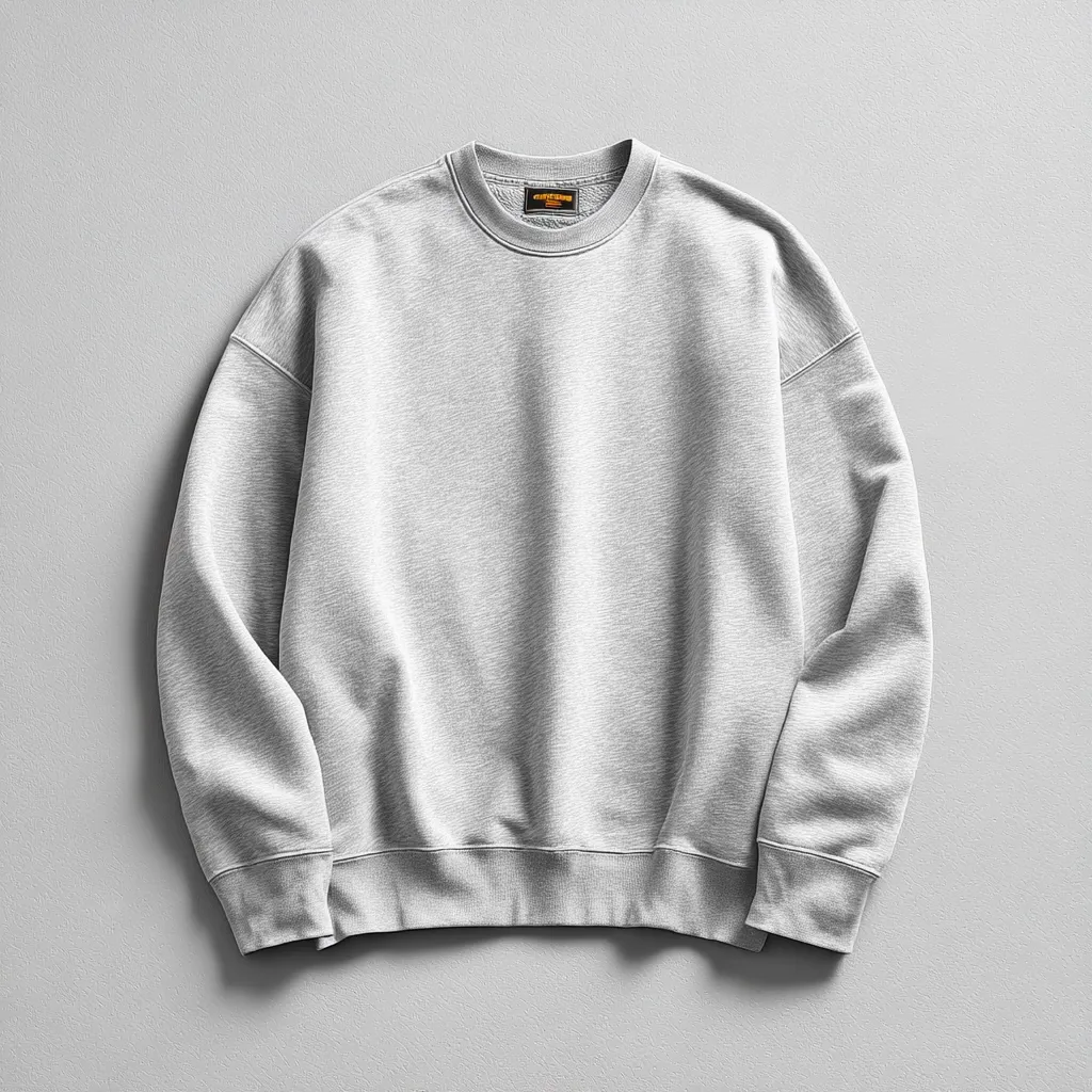 A heather gray crewneck sweatshirt is shown against a light gray background.  The sweatshirt is folded and laid flat, showcasing its relaxed fit and simple design.  The small, rectangular brand label is visible on the neckline. The fabric appears soft and comfortable.  The overall presentation suggests a casual, everyday garment.