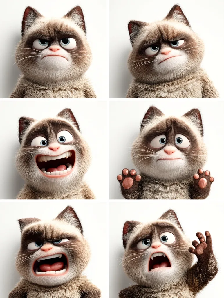 Six images showcase a fluffy, animated cat expressing diverse emotions.  The cat's expressions range from grumpy and unimpressed to joyful, scared, and angry. Each image highlights a distinct facial expression and body language, demonstrating a wide spectrum of animated feline emotions. The cat's design is realistic, yet stylized for animation.