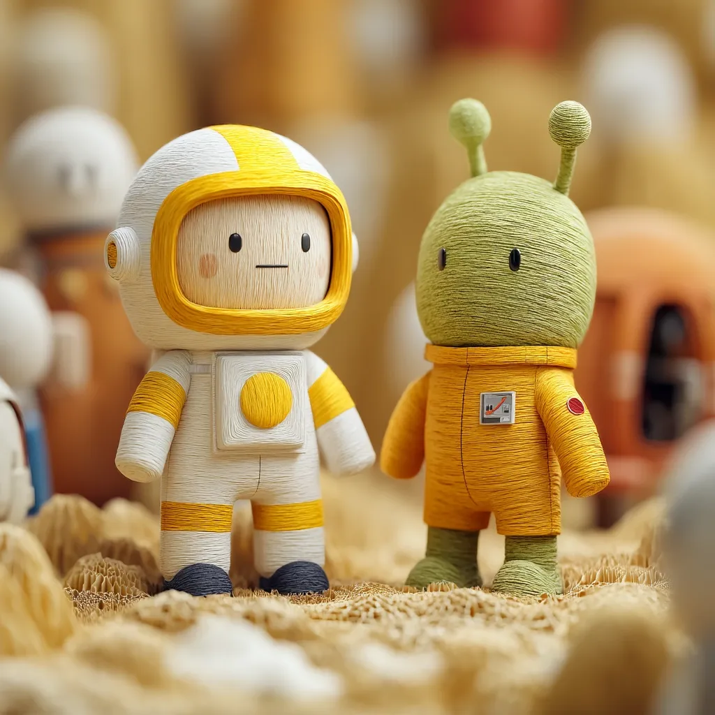 Close-up view of two adorable handmade figurines.  One is a stylized astronaut in a white and yellow suit, with a wooden head, standing next to a small, green alien in a yellow spacesuit.  Both figures are textured, appearing to be made from yarn or similar material. They are positioned on a sandy-colored surface, with other blurred figurines in the background. The overall style is cute and whimsical.