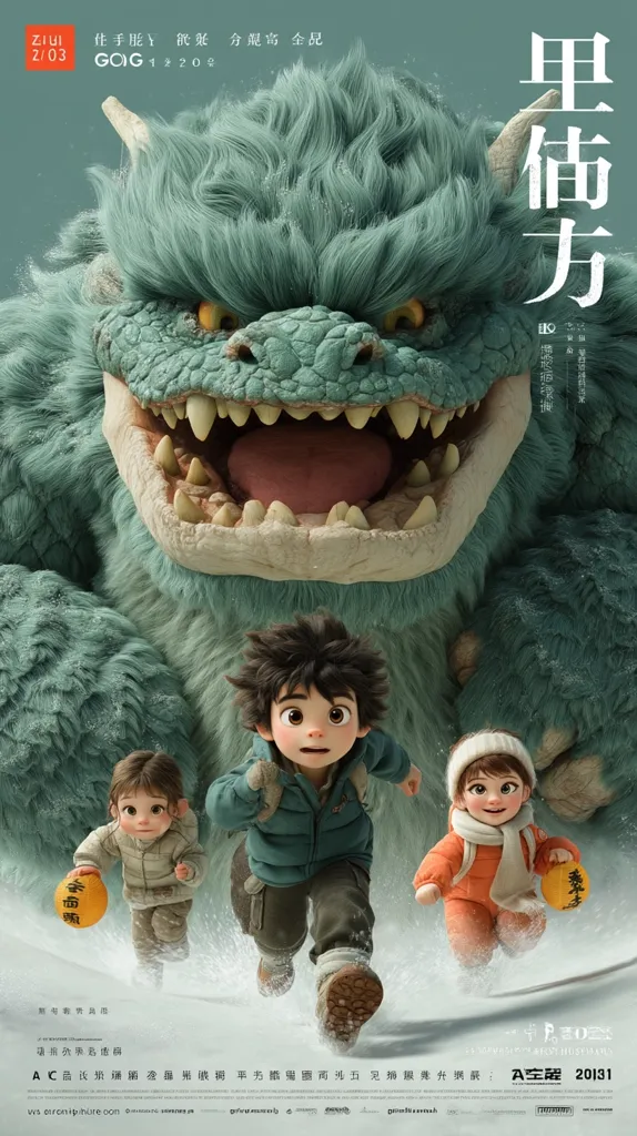 A poster for the animated film "Go Go" features a large, friendly-looking teal monster.  Three children, two younger siblings and an older boy, run towards the creature across a snowy landscape.  The overall style suggests a heartwarming adventure story, likely for children.  The Chinese text indicates production details and credits.