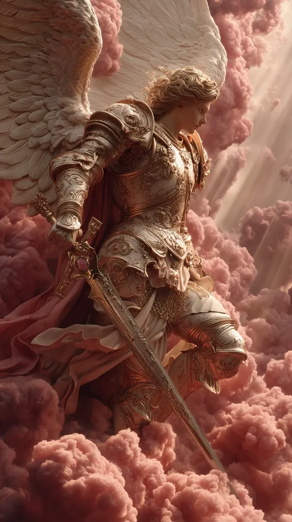 A majestic angel, clad in ornate gold armor, descends from the heavens.  Large, feathery wings extend behind, contrasting with the pink, cloud-like formations surrounding the figure. The angel holds a long, elegant sword, its jeweled hilt gleaming.  A sense of divine power and ethereal beauty permeates the image.