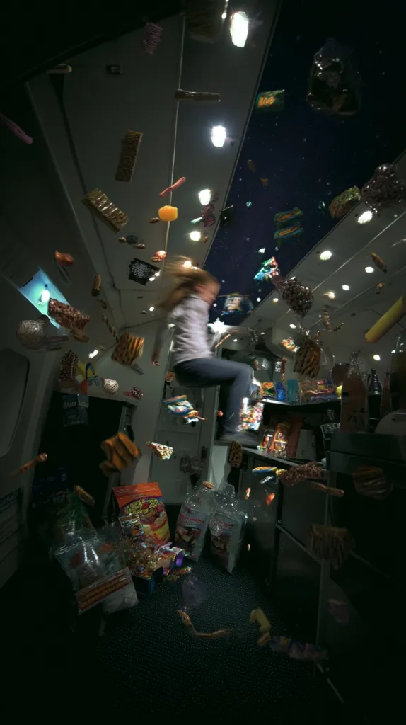 A woman floats amidst a chaotic flurry of airborne candy and snacks inside an airplane cabin.  The sweets and treats are suspended in mid-air, creating a surreal and gravity-defying scene. The woman, seemingly unfazed, is dressed casually and appears to be calmly observing the bizarre situation. The overall atmosphere is whimsical and slightly disorienting.