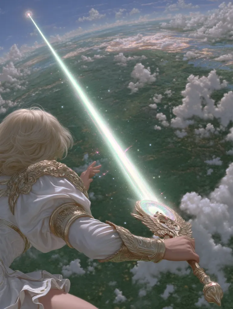 A blonde woman, clad in flowing white robes and ornate gold armor, wields a magnificent sword.  From the sword's tip, a radiant beam of light shoots downwards, piercing the clouds and illuminating the vast, green landscape below.  The scene is ethereal, with a dreamy, fantastical quality, suggesting a powerful and magical moment. The woman's expression is serene, yet her power is palpable.