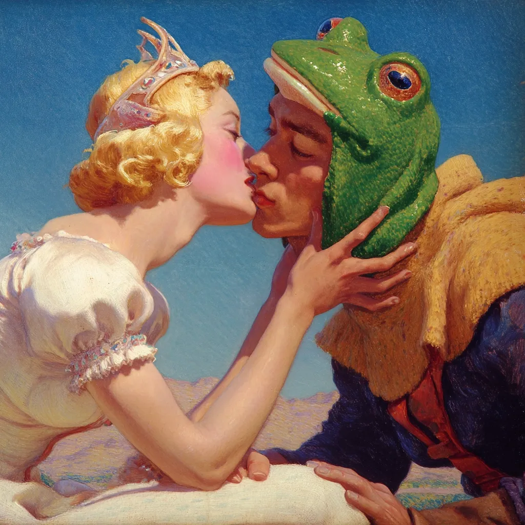 A princess in a white dress and crown kisses a man wearing a frog costume.  The scene is painted in a vibrant, romantic style, with warm colors and a clear blue sky as a backdrop. The kiss is passionate, and the princess's expression is one of joyful surrender. The man's frog mask is detailed and expressive, adding a whimsical element to the fairytale-like scene.  The artwork showcases a tender moment between the two figures.