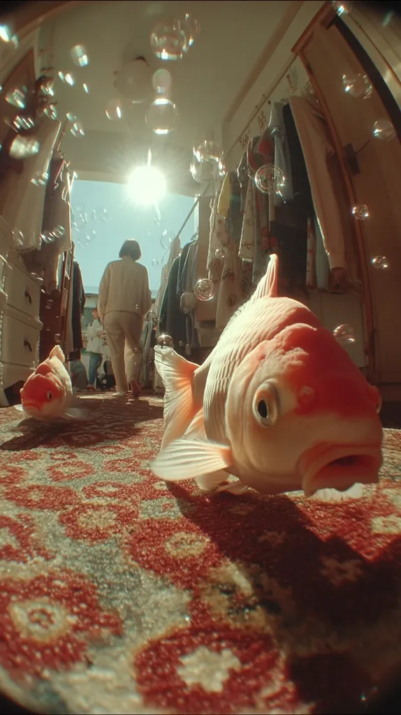 A whimsical, fish-eye perspective shows two goldfish swimming across a patterned rug inside a sunlit room.  Clothing hangs on a rack in the background, and a woman stands near an open doorway. Bubbles float in the air, creating a surreal and dreamlike atmosphere. The scene is brightly lit, contrasting the cool tones of the fish with the warm hues of the room.