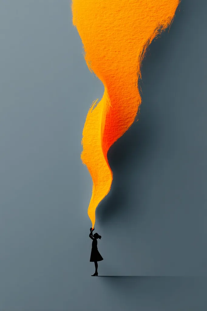 A minimalist illustration depicts a silhouetted woman, arms raised, seemingly holding and supporting a vibrant, flowing orange stream of paint or light.  The orange element is textured, resembling a brushstroke, cascading down from the top of the frame.  The color contrast against the muted gray background creates a striking visual. The overall impression is one of creativity, energy, and perhaps, hope.