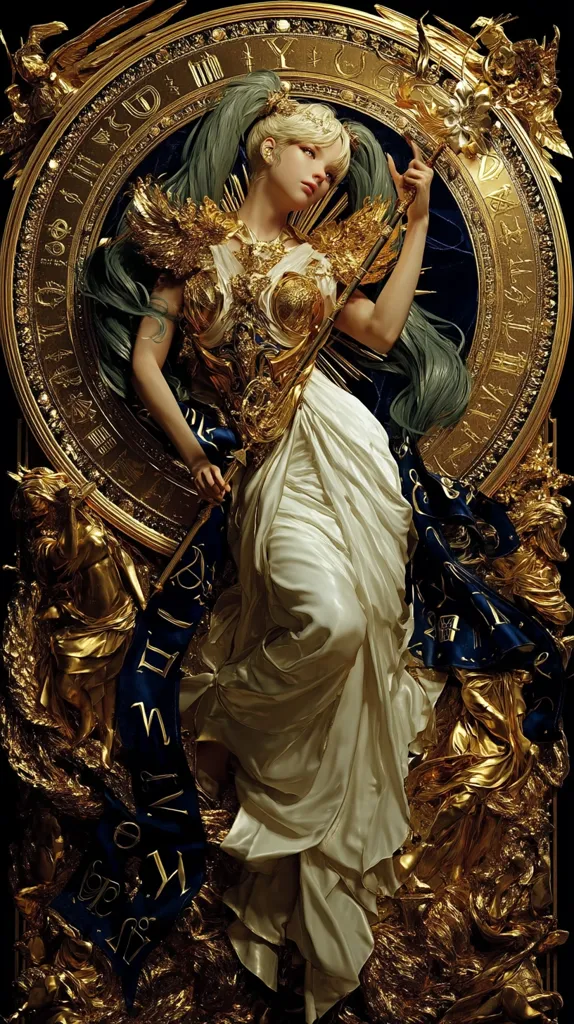 A digital painting depicts a regal woman, possibly a goddess, adorned in flowing cream robes and opulent gold armor.  She holds a golden staff, positioned within a large, ornate golden clock or celestial compass.  Her teal hair is styled in long pigtails, and her expression is serene.  The overall style is baroque, with rich textures and dramatic lighting.  Surrounding her are golden sculptural details, adding to the image's grandeur.