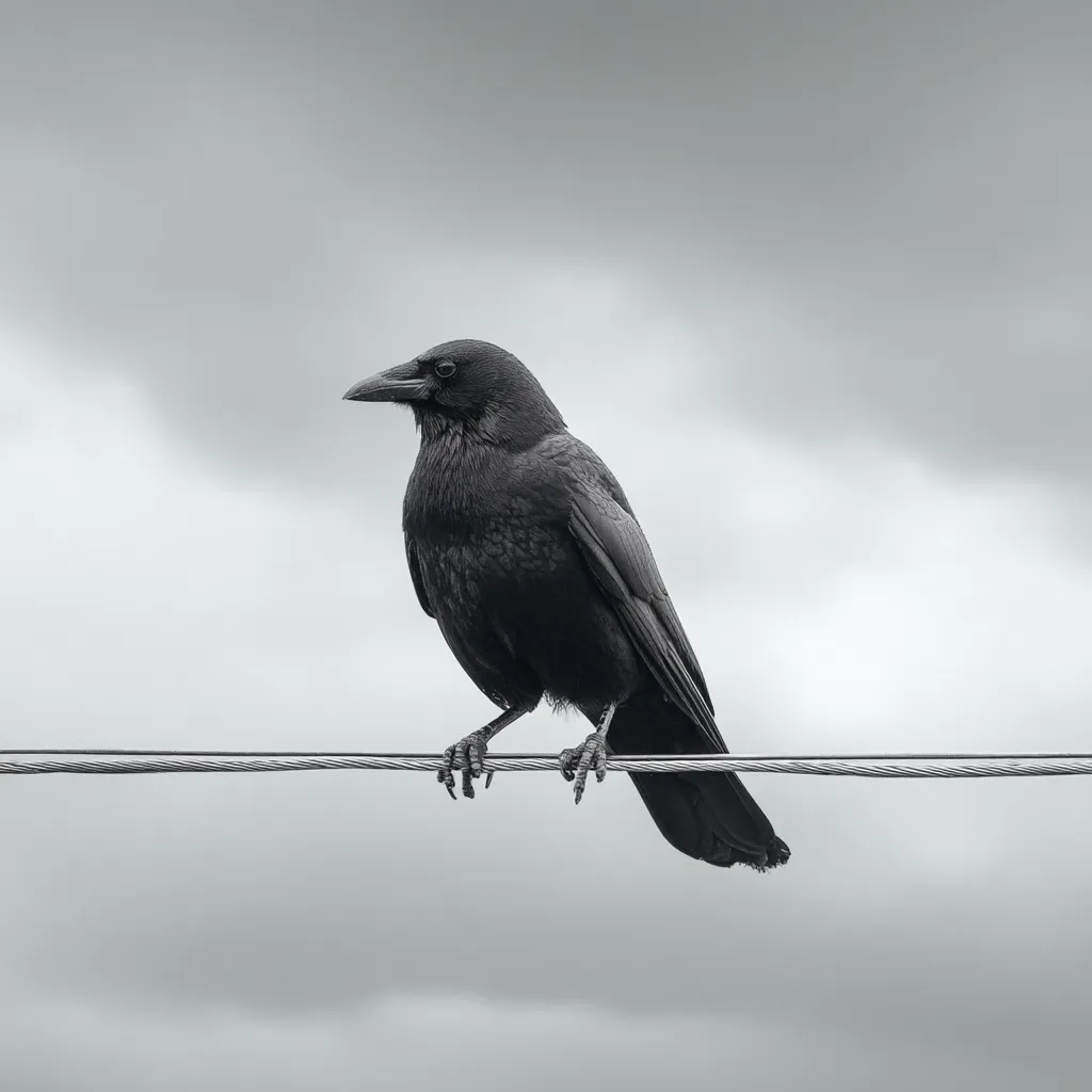 A black crow perches on a thin wire against a muted gray sky.  The monochrome image emphasizes the bird's sleek, dark feathers and sharp talons.  Its posture is alert, its gaze directed to the left of the frame. The overall mood is somber and atmospheric.