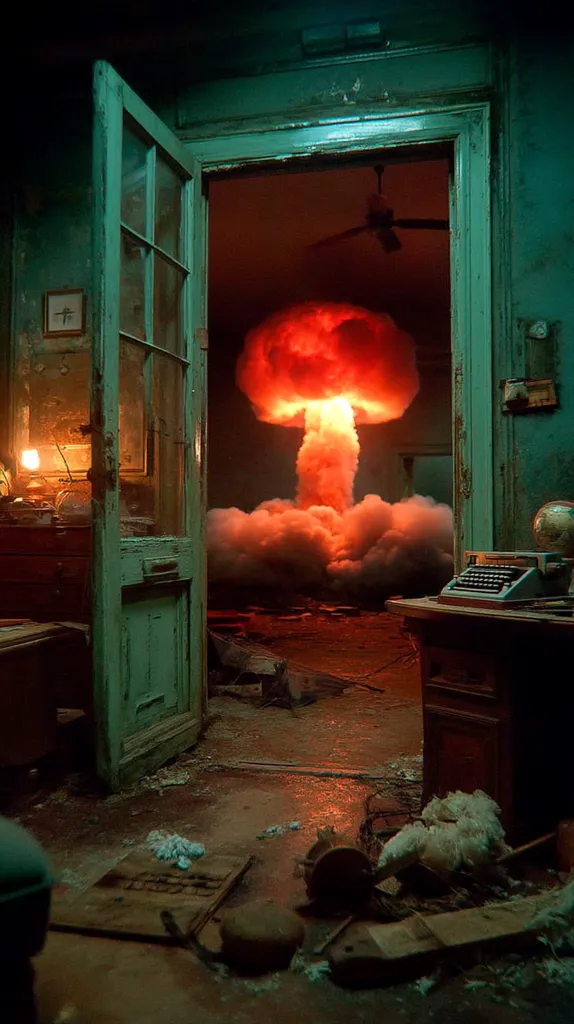 A dimly lit, dilapidated room is viewed from an open doorway.  A nuclear explosion engulfs the room beyond, casting an orange glow.  Debris litters the floor, and a typewriter sits on a wooden desk.  The scene is post-apocalyptic, conveying destruction and devastation.  A sense of eeriness and desolation permeates the image.