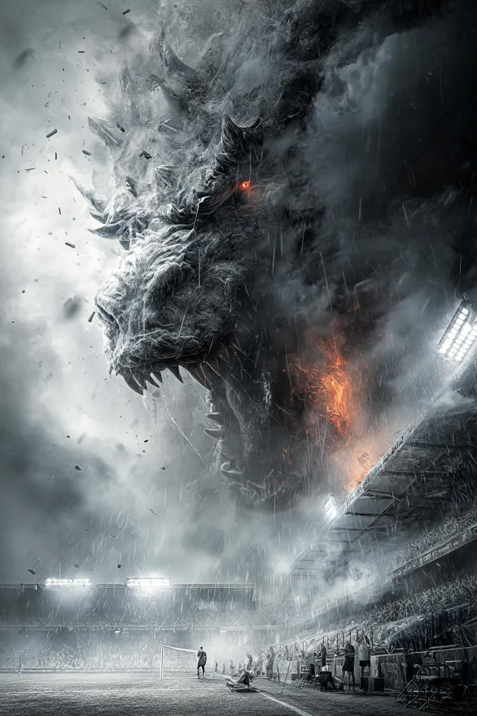 A colossal, stone-like dragon looms over a rain-swept soccer stadium.  Its fiery breath is visible within its gaping maw, casting an ominous glow against the stormy sky.  Tiny figures of soccer players are dwarfed by the monstrous creature, creating a dramatic contrast between the scale of nature's fury and human insignificance.  The scene is rendered in shades of gray and black, with fiery orange accents, enhancing the dramatic mood.