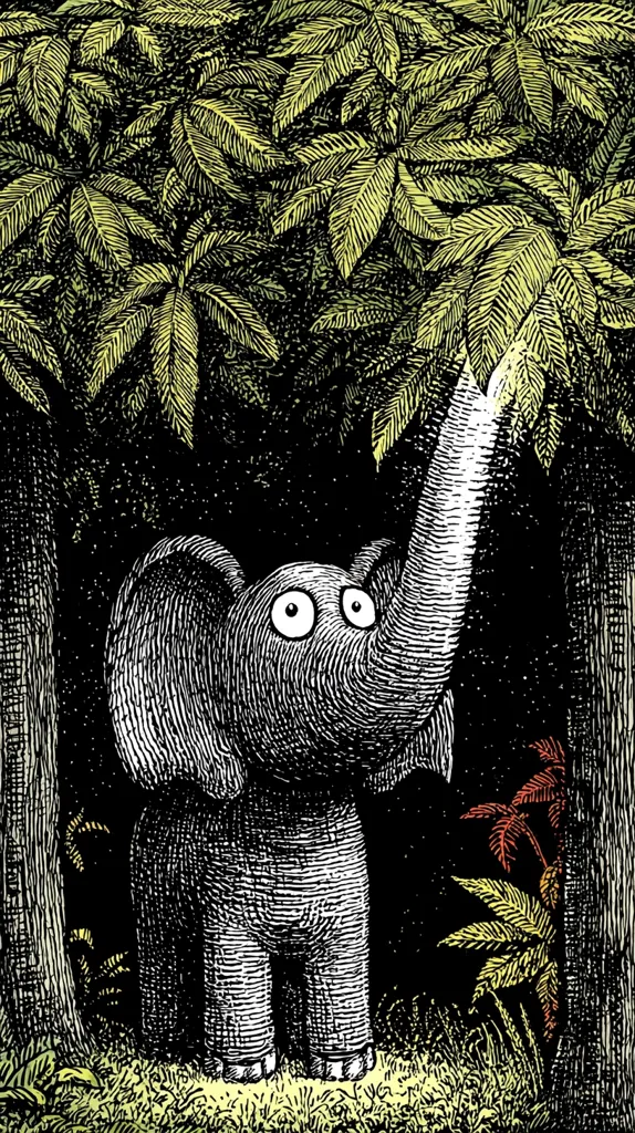 A whimsical illustration depicts a baby elephant in a jungle setting. The elephant, rendered in a detailed, textured style, has large, expressive eyes and is reaching its trunk towards lush, oversized leaves. The dark background contrasts with the bright, stylized foliage, creating a dramatic effect.  The image has a vintage, almost woodcut feel.