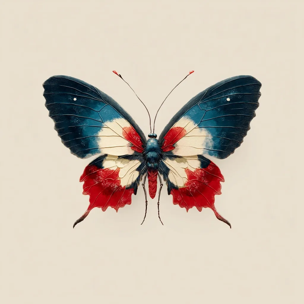 A striking illustration depicts a butterfly with vibrant, stylized wings.  The wings showcase a bold color palette of deep blue, creamy white, and intense red, creating a visually captivating contrast. The butterfly is presented in a symmetrical pose against a muted beige background, emphasizing its intricate details and artistic rendering.  The overall effect is one of elegant simplicity and striking beauty.