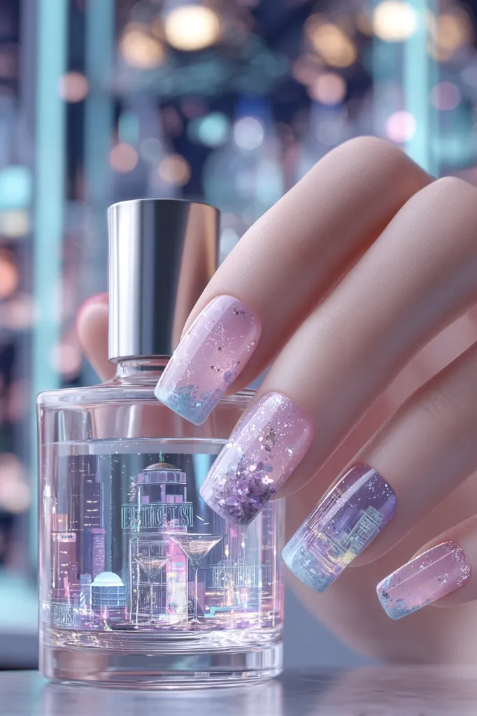 A hand with delicately designed nails rests on a perfume bottle. The nails showcase a dreamy aesthetic with pastel pink and purple hues, adorned with glitter accents.  The perfume bottle, clear and cylindrical, subtly reflects a cityscape, creating a cohesive and visually stunning image. The background is softly blurred, focusing attention on the intricate nail art and the perfume.