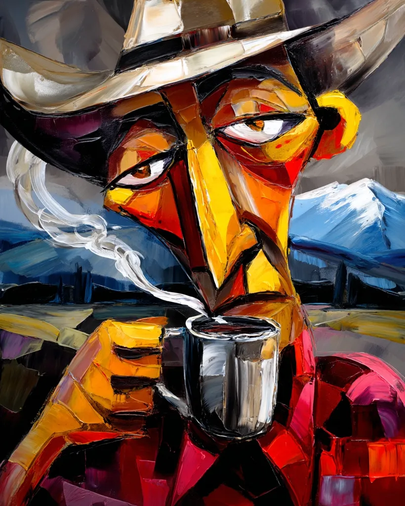 A vibrant, expressionistic painting depicts a cowboy in a wide-brimmed hat, his face rendered in bold, angular strokes of yellow, orange, and red.  He holds a steaming mug, the metallic sheen contrasting with the rich colors of his shirt.  A stylized, painterly landscape of mountains and fields forms the background, enhancing the work's dramatic effect.  The artist's impasto technique creates texture and movement, conveying a feeling of ruggedness and contemplation.