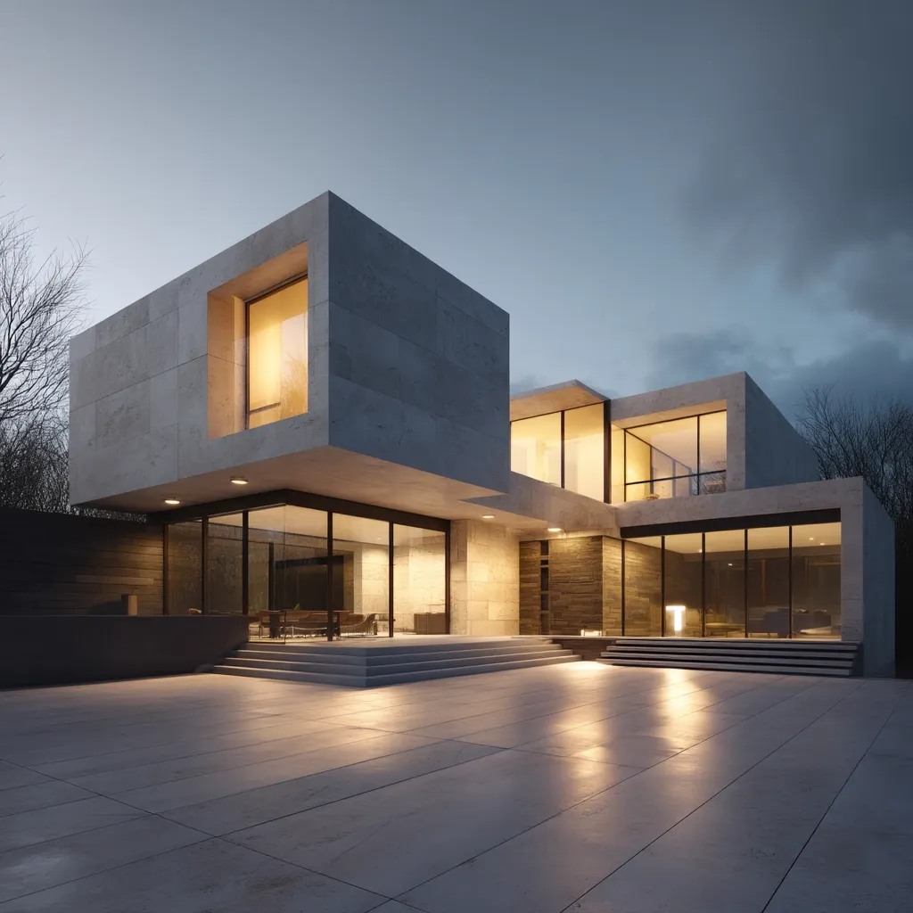 A modern, minimalist concrete house is illuminated at dusk.  Large windows offer views of the interior, showcasing a spacious and open floor plan.  The building's geometric design features clean lines and a cantilevered upper section.  A wide, paved patio extends from the house, creating a seamless transition between indoors and out. The surrounding landscape is sparsely treed.