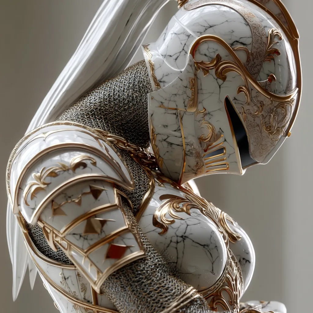A close-up reveals a meticulously crafted female knight's armor, seemingly fashioned from white marble with gold accents.  Intricate detailing adorns the helmet, pauldrons, and breastplate, showcasing a blend of classical and fantasy design elements.  The armor's texture is highly realistic, emphasizing the marble's veining and the metal's gleam.  Long white hair flows behind the helmet, adding a touch of ethereal grace to the powerful warrior aesthetic.