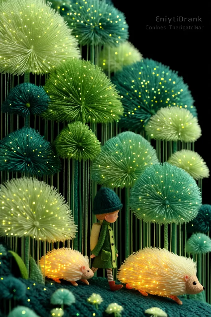 A whimsical 3D artwork depicts a child-like figure with a backpack walking through a luminous forest.  The forest is composed of numerous glowing, yarn-like spheres in shades of green, resembling illuminated dandelions.  Two small, light-emitting hedgehogs accompany the figure on their journey through this enchanting, handcrafted landscape. The overall aesthetic is dreamlike and subtly magical.