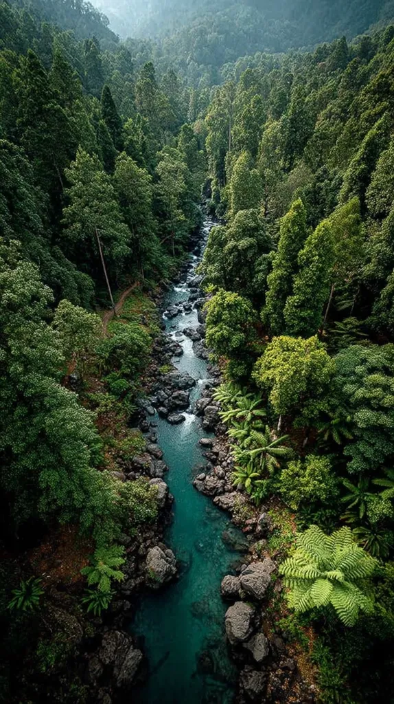 An aerial view showcases a vibrant river flowing through a lush, verdant rainforest.  Dark teal water winds between rocky banks, surrounded by dense, green foliage.  The canopy is thick, indicating a thriving ecosystem.  The scene is tranquil and peaceful, highlighting the beauty of untouched nature.  A path is visible along the riverbank.