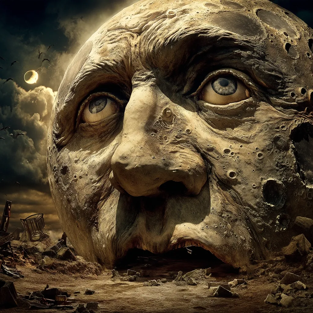 A surreal depiction of a colossal, weathered face forming the moon.  The face, etched with age and sorrow, gazes out over a desolate, rubble-strewn landscape.  A smaller crescent moon hangs in a stormy sky above, adding to the apocalyptic atmosphere. The overall tone is dark and melancholic, suggesting a world in ruin under the sorrowful gaze of the celestial being.