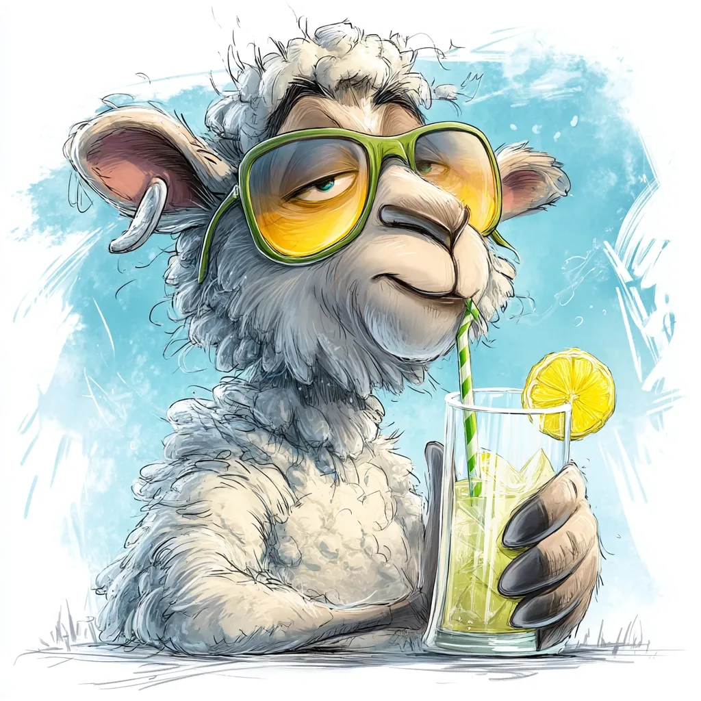 A stylish sheep, sporting green sunglasses and an earring, enjoys a refreshing lemonade.  The sheep holds a tall glass with ice and a lemon slice, sipping through a green straw. The illustration is rendered in a cartoon style with a light blue, watercolor-like background, suggesting a summery mood. The sheep's expression is one of cool contentment.