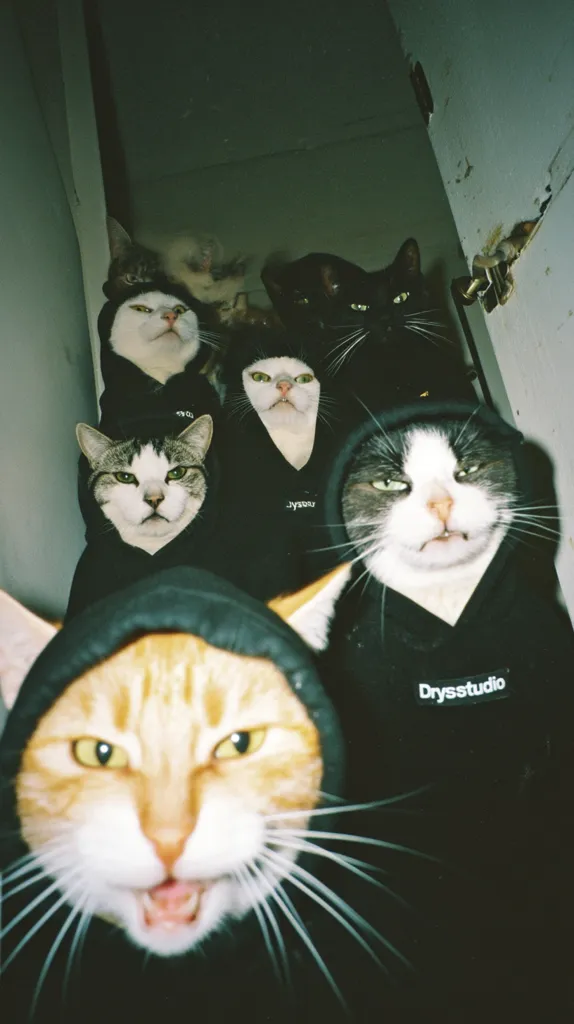 A group of cats, dressed in black hoodies, are crammed together in a tight space.  The cats' expressions range from serious to slightly grumpy.  The hoodies bear subtle branding. The image has a dark, moody aesthetic, reminiscent of a vintage photograph.  A ginger cat in the foreground looks directly at the camera with an open mouth.