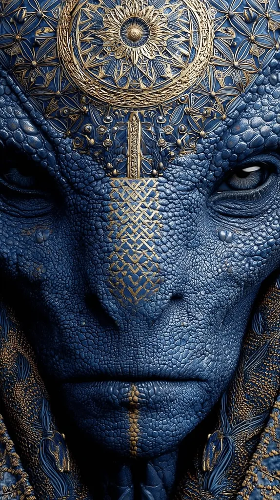 Close-up of a digitally rendered alien face.  The skin is textured like reptilian scales, a deep blue color accented with intricate gold patterns.  Ornate, golden mandala-like designs adorn the forehead and face. The expression is serious and intense, with dark eyes that command attention. The overall aesthetic is one of otherworldly beauty and power.
