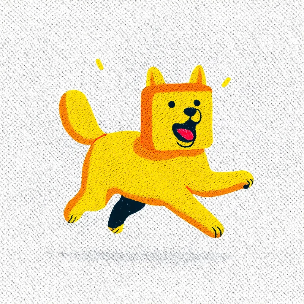 A stylized illustration of a yellow dog running.  The dog's head is a square shape, and its body is a more organic form. One leg is dark, giving the impression of movement. The dog's expression is joyful and energetic, enhanced by its open mouth and playful posture.  The background is a light gray with a subtle textured effect.