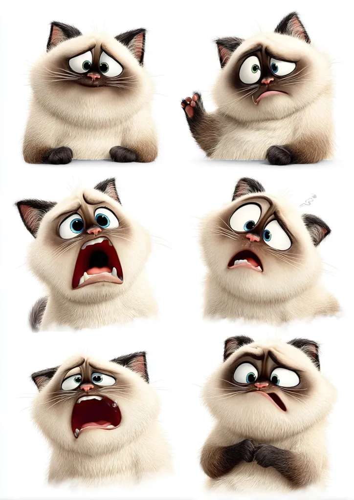 Six images showcase a fluffy, cartoon Siamese cat expressing various emotions.  The cat displays a range of expressions, including sadness, surprise, fear, and distress, each depicted with exaggerated features and body language. The consistent fluffy texture and similar poses highlight the diverse emotional range conveyed through facial expressions.