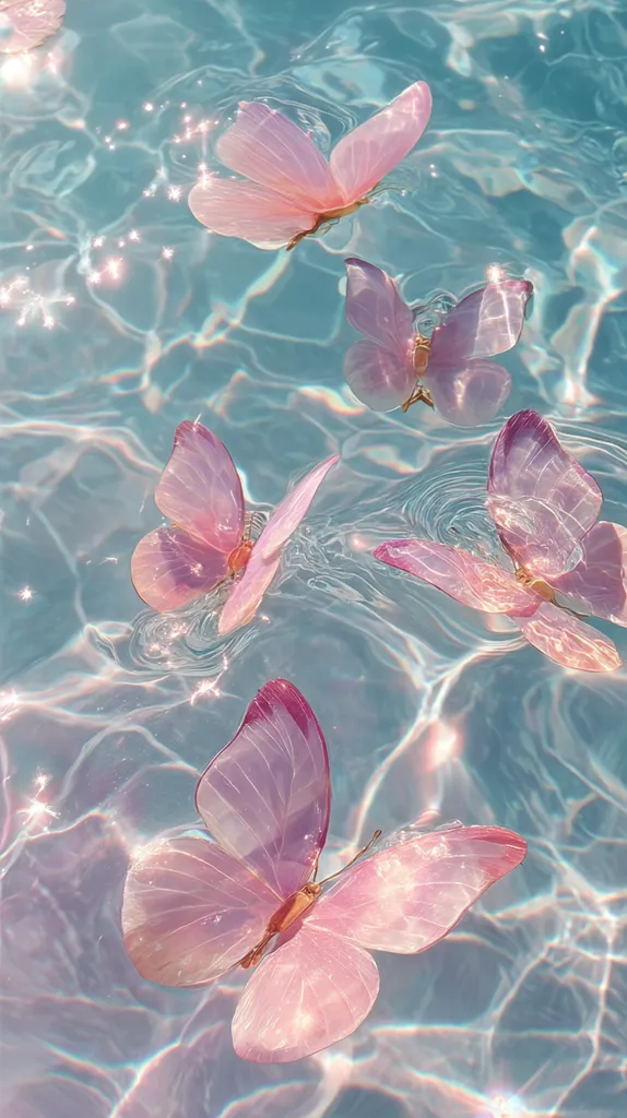 Several delicate, light pink butterflies float gracefully in a shimmering, turquoise pool.  Sunlight glints off the water's surface, creating a sparkling effect around the butterflies.  The image evokes a sense of ethereal beauty and tranquility.  The butterflies appear translucent, almost blending with the water.