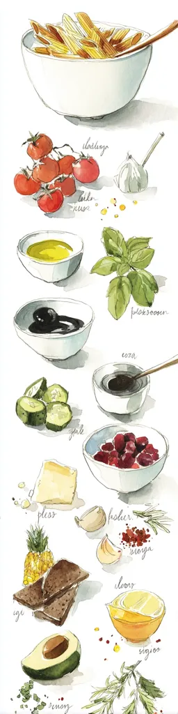 A watercolor illustration showcases ingredients for a pasta salad recipe.  The components include cooked pasta, cherry tomatoes, garlic, basil, olive oil, balsamic vinegar, cucumber, cranberries, cheese, pineapple, rye bread, lemon, avocado, and rosemary.  The image is bright and cheerful, suggesting a fresh and vibrant dish.
