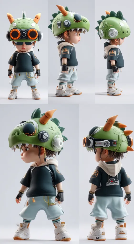 This image showcases a 3D-rendered model of a stylized child wearing a green dinosaur helmet.  Multiple angles are shown, highlighting the detail in the clothing and helmet design.  The character has a cute, cartoonish appearance, dressed in casual streetwear.  The helmet features goggles and textured detailing, adding to the overall futuristic yet playful aesthetic.