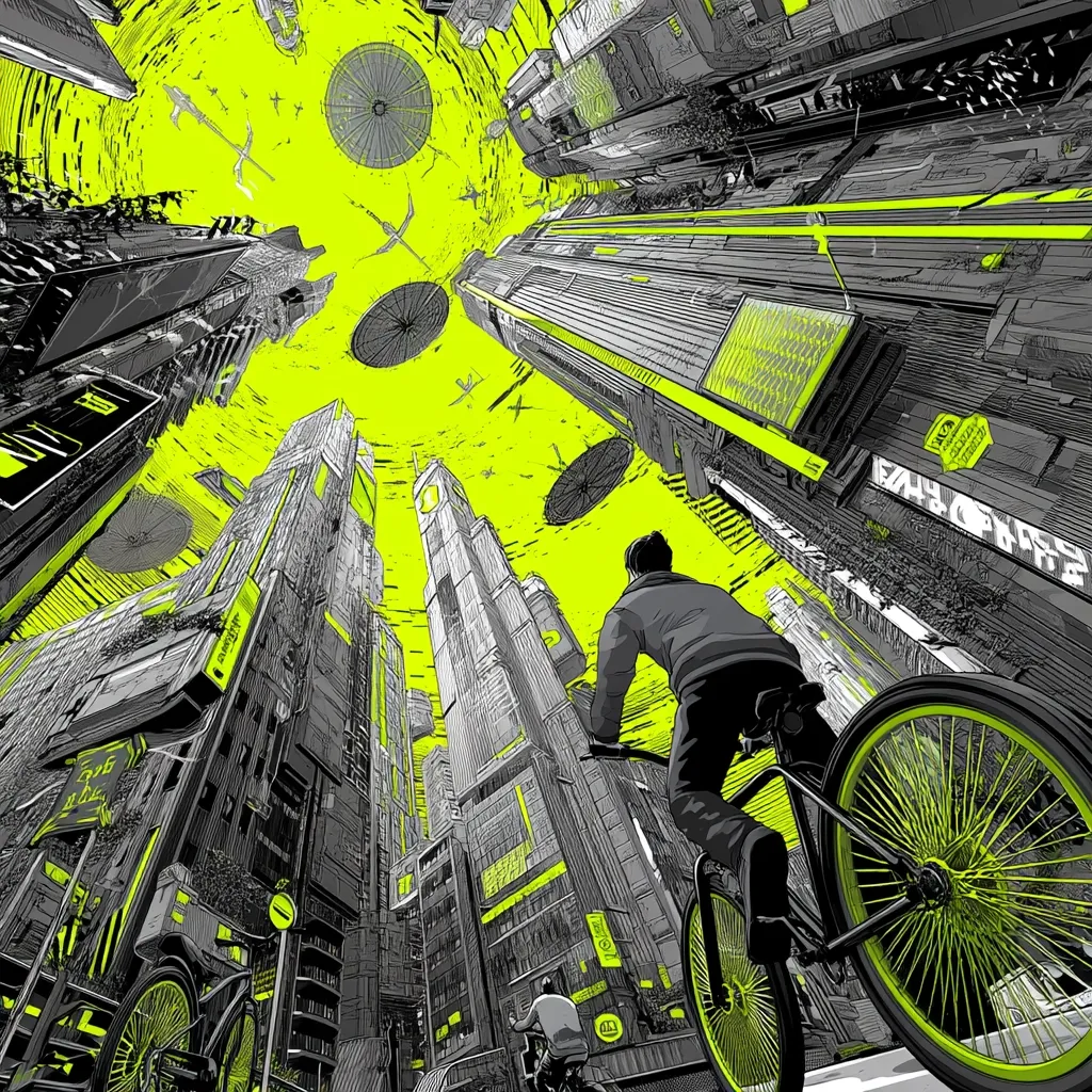 A person on a bicycle looks upward at a futuristic cityscape.  Tall, slender buildings stretch towards a vibrant yellow sky filled with flying objects resembling large, flat discs.  The illustration is in a distinctive graphic novel style, with stark black and white lines accented by bright chartreuse highlights, creating a dramatic, almost dizzying perspective.  Other cyclists are visible far below.