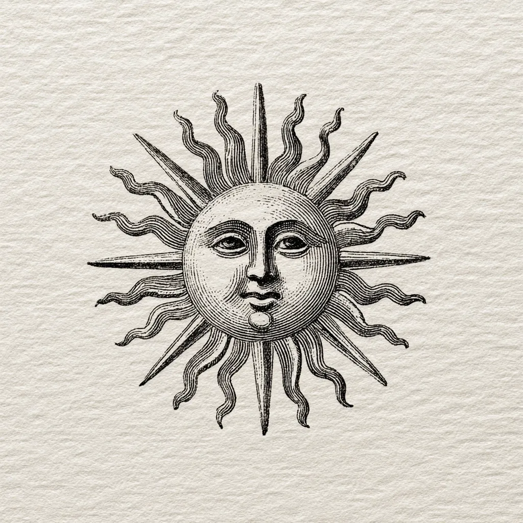 A detailed black and white illustration of a sun with a human face. The sun is depicted with sharp, pointed rays that curl at the ends, surrounding a face with expressive eyes, a defined nose, and a serene mouth.  The style is reminiscent of vintage woodcuts or engravings, suggesting a classic or historical aesthetic. The image is set against a textured, off-white background.