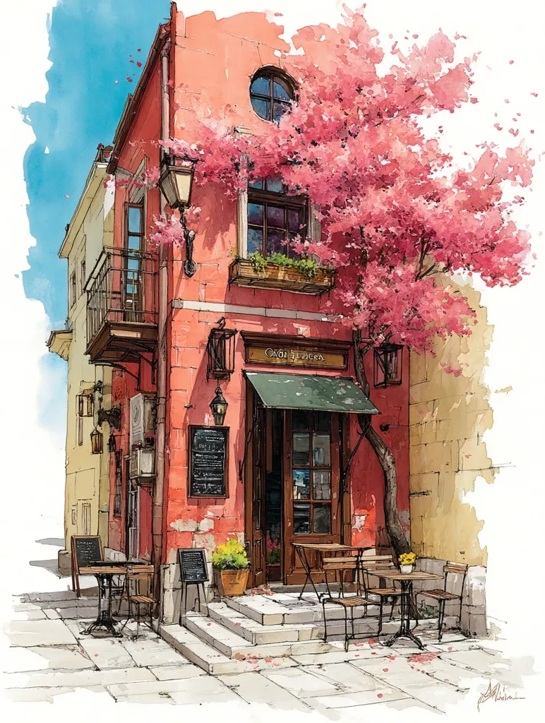 A charming watercolor painting depicts a two-story coral-colored building, possibly a cafe, adorned with a vibrant pink tree in full bloom.  The cafe features outdoor seating, a dark green awning, and black metal bistro tables and chairs.  The building's architecture is detailed, with visible stonework and a small balcony. The overall style is whimsical and evocative of a quaint European town.
