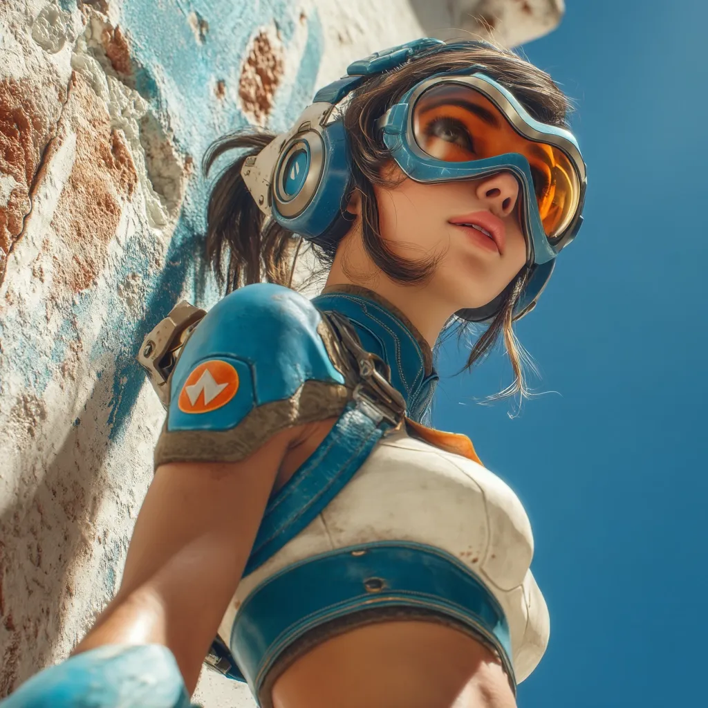 A low-angle, close-up shot depicts a female character, possibly from a video game, wearing futuristic goggles and headphones.  Her attire consists of a blue and white, worn-looking outfit with straps and shoulder pads.  She has a determined expression, looking upward against a clear blue sky and a weathered, textured wall. The overall aesthetic suggests a sci-fi or action setting.