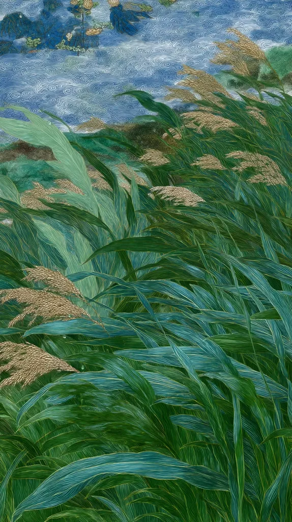 A stylized depiction of tall grasses, predominantly green with hints of gold in the seed heads. The grasses sway, suggesting a gentle breeze.  A textured blue sky with swirling patterns forms a backdrop.  The overall impression is one of serene natural beauty, possibly evocative of a Japanese aesthetic. The style seems digitally enhanced or painterly, with visible brushstrokes or digital texturing.