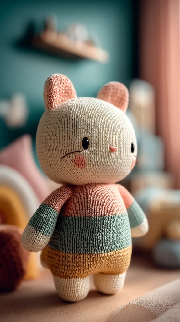 A handcrafted knitted cat toy stands on a light wooden surface.  The cat is predominantly off-white, with pastel pink ears and a body striped with muted pink, green, and mustard yellow.  The toy's charming features include small black eyes and blush-toned cheeks.  The background is softly blurred, showing a teal wall and hints of a child's room.