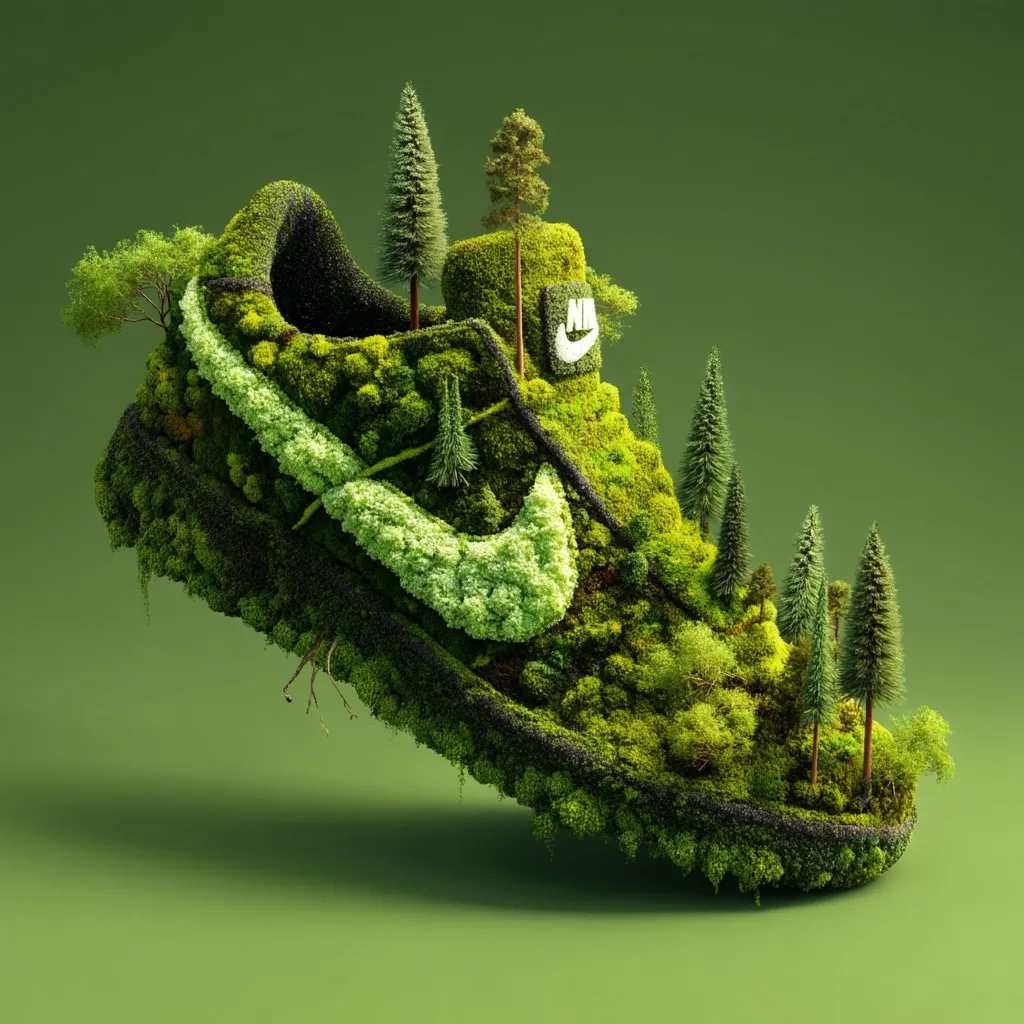 A Nike shoe is completely covered in moss and miniature trees, creating a miniature landscape. The iconic swoosh logo is also formed from the same moss, seamlessly integrating into the natural design.  The shoe rests on a muted green background, highlighting the vibrant green of the organic material.  It's a surreal and artistic depiction of nature reclaiming a manufactured object.