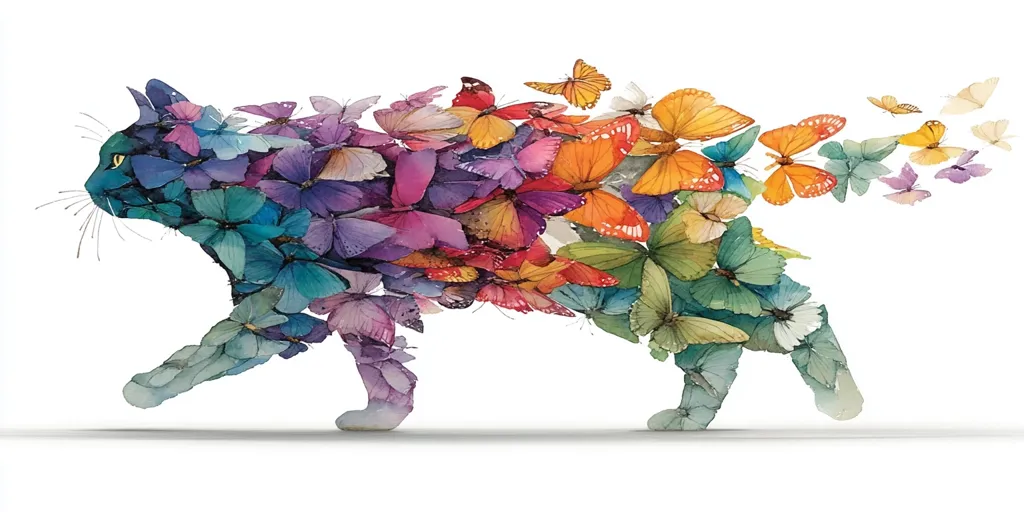 A watercolor painting depicts a cat in profile view, its body composed entirely of vibrantly colored butterflies.  The butterflies are in various shades of purple, orange, teal, and green, creating a kaleidoscopic effect.  Some butterflies trail behind the cat, suggesting movement and lightness. The background is pure white, emphasizing the colorful cat.