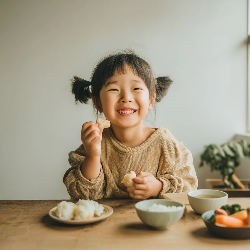 A smiling young girl with pigtails sits at a wooden table, happily eating a piece of food.  She's wearing a tan sweater and there are bowls of rice, vegetables, and a small cup on the table. The setting is bright and airy, suggesting a home environment.  The overall mood is cheerful and wholesome.
