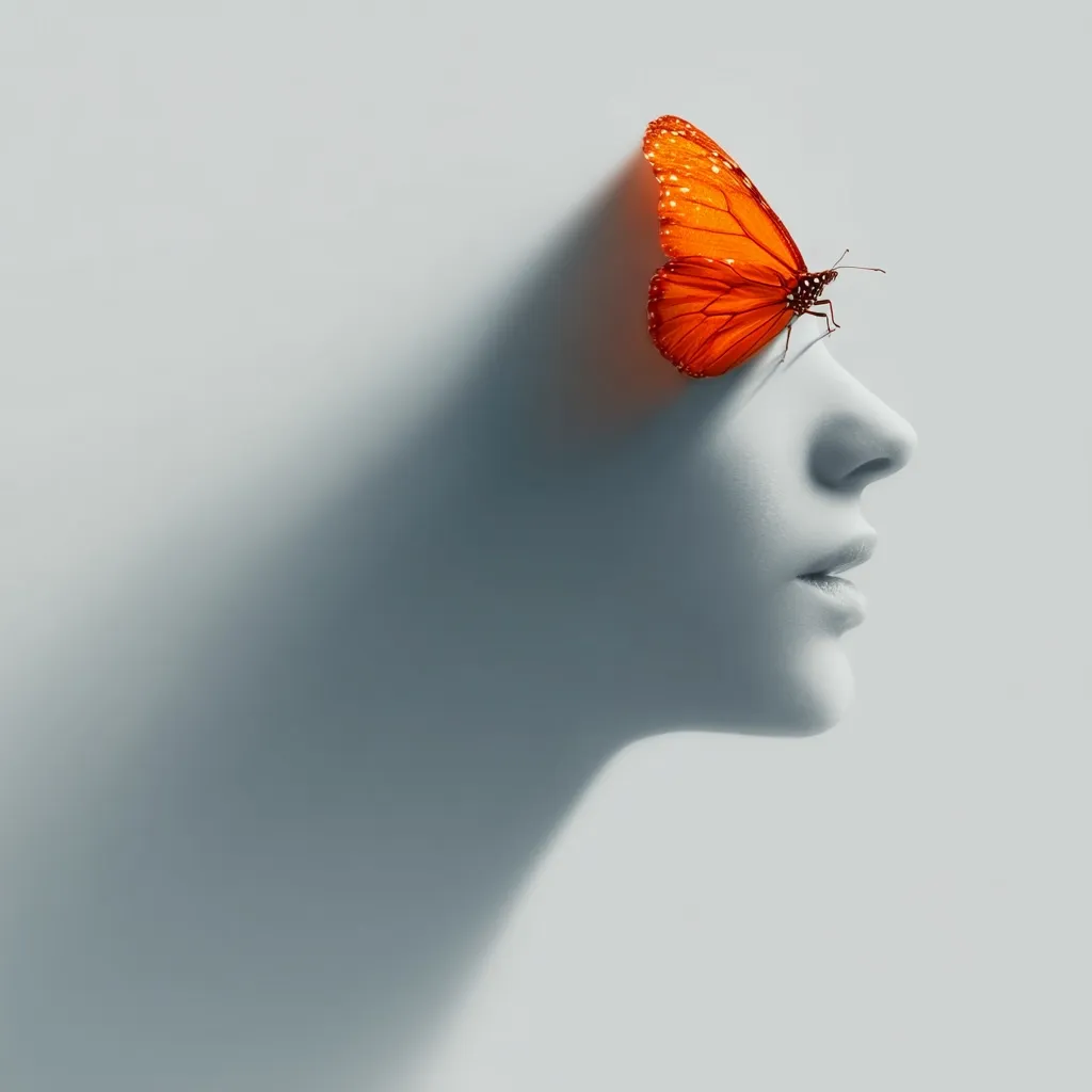 A stylized profile of a woman's face, rendered in shades of gray, is subtly overlaid with a vibrant orange butterfly resting delicately on her closed eye.  The image evokes a sense of beauty, fragility, and transformation, possibly symbolizing metamorphosis or the fleeting nature of time. The minimalist background emphasizes the subject's serene expression and the butterfly's delicate presence.